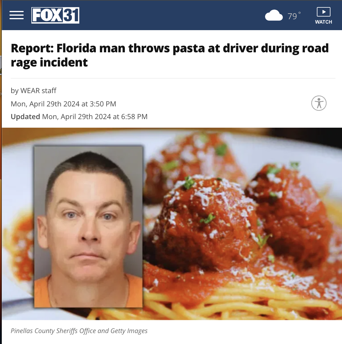 spaghetti and meatballs free - Fox 31 79 Watch Report Florida man throws pasta at driver during road rage incident by Wear staff Mon, April 29th 2024 at Updated Mon, April 29th 2024 at Pinellas County Sheriffs Office and Getty Images